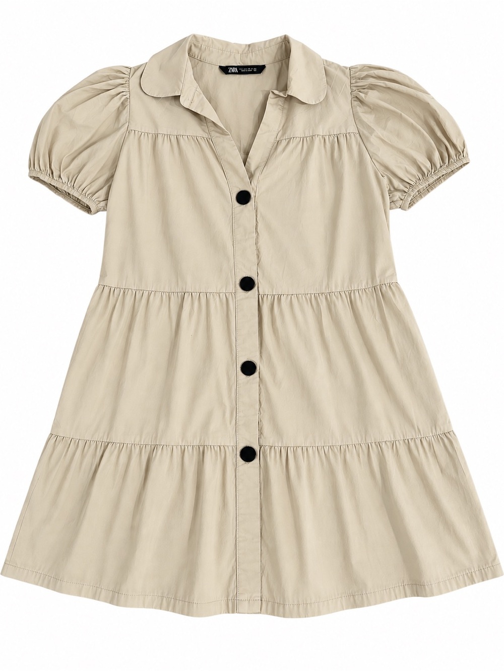Zara Beige Tiered Button-Front Casual Dress with Puff Sleeves